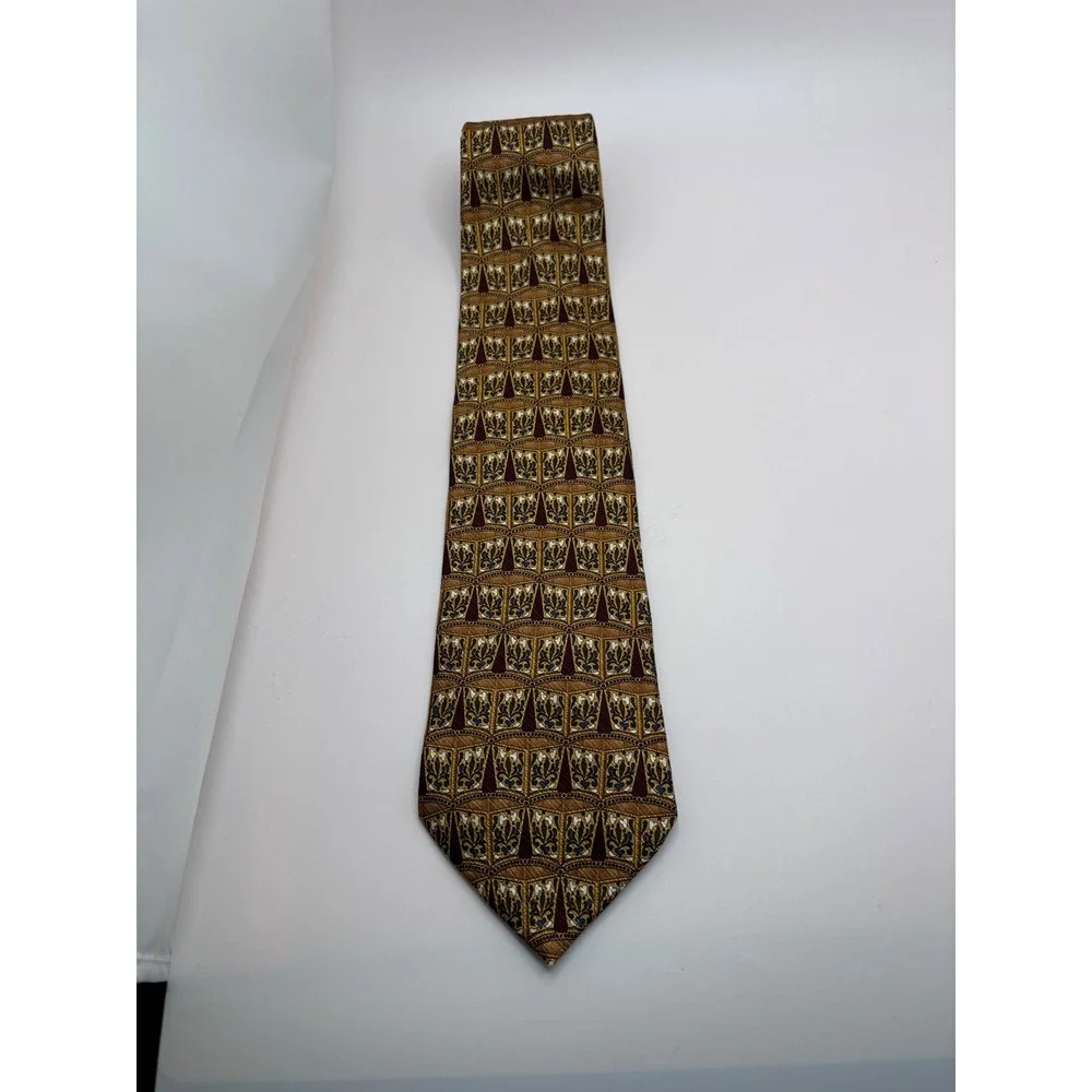 The Forbes Collection Mens Silk Tie Gold Burgundy Floral Geometric Hand Made